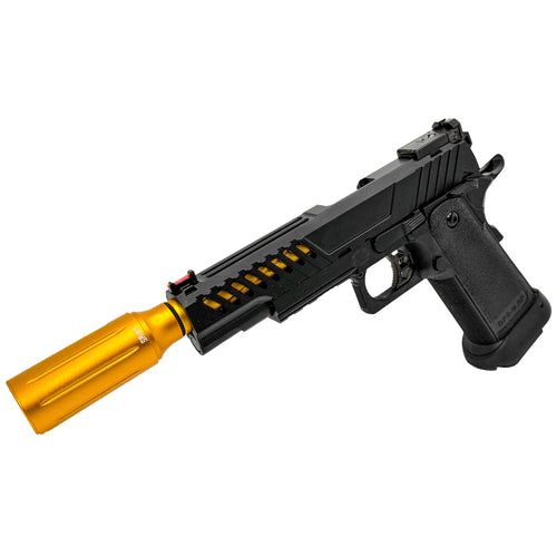 "Gold $lappa" Competition Custom Hi-Capa - Gel Blaster (Metal) - The all-new Gold $lappa 3338 is a high-end, custom GBU Gold Eagle Pistol that combines jaw-dropping style with unmatched performance, featuring upgrades that deliver over 300 FPS and a range of up to 30 meters.