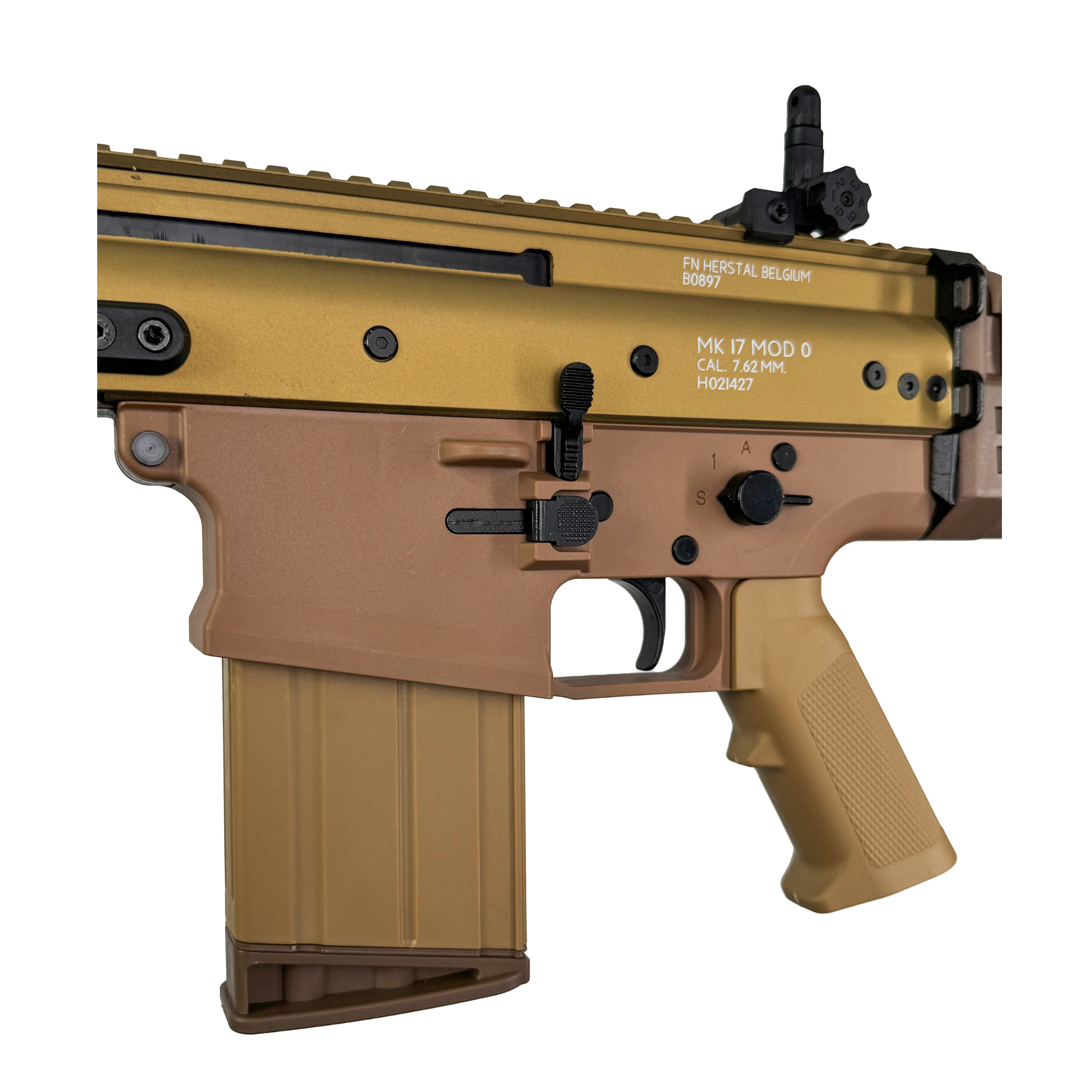 FN Scar-H MK17 Rifle - Gel Blaster - It features single-shot and automatic burst modes, an adjustable foldable stock, detachable rear sight, and RIS rails for accessory customization.