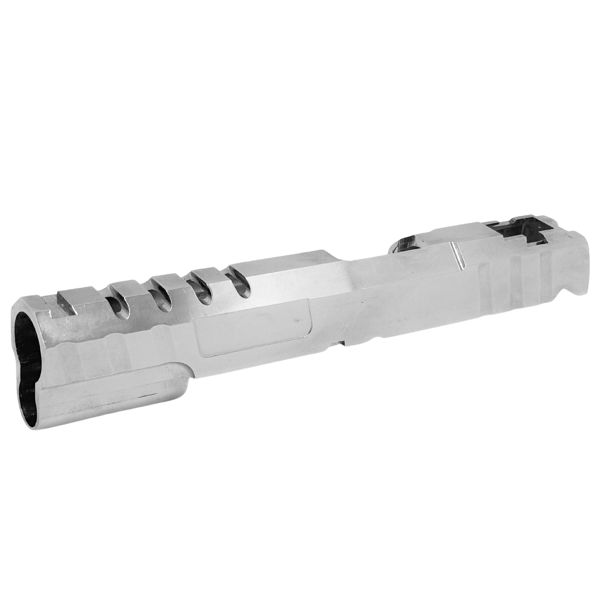 Chrome Aluminium 5.1 Skele Hi-Capa Slide - Its chrome finish adds a stunning aesthetic touch while reducing weight, potentially enhancing performance.