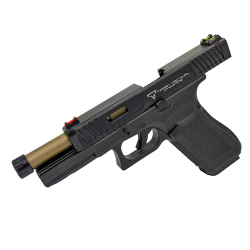 Golden Eagle G-Series TTI Metal Green Gas Blowback Pistol - Gel Blaster - This ultimate sidearm features high-end fiber optic sights for precision aiming, an aluminum top slide for durability, and a 150% recoil spring for enhanced performance.