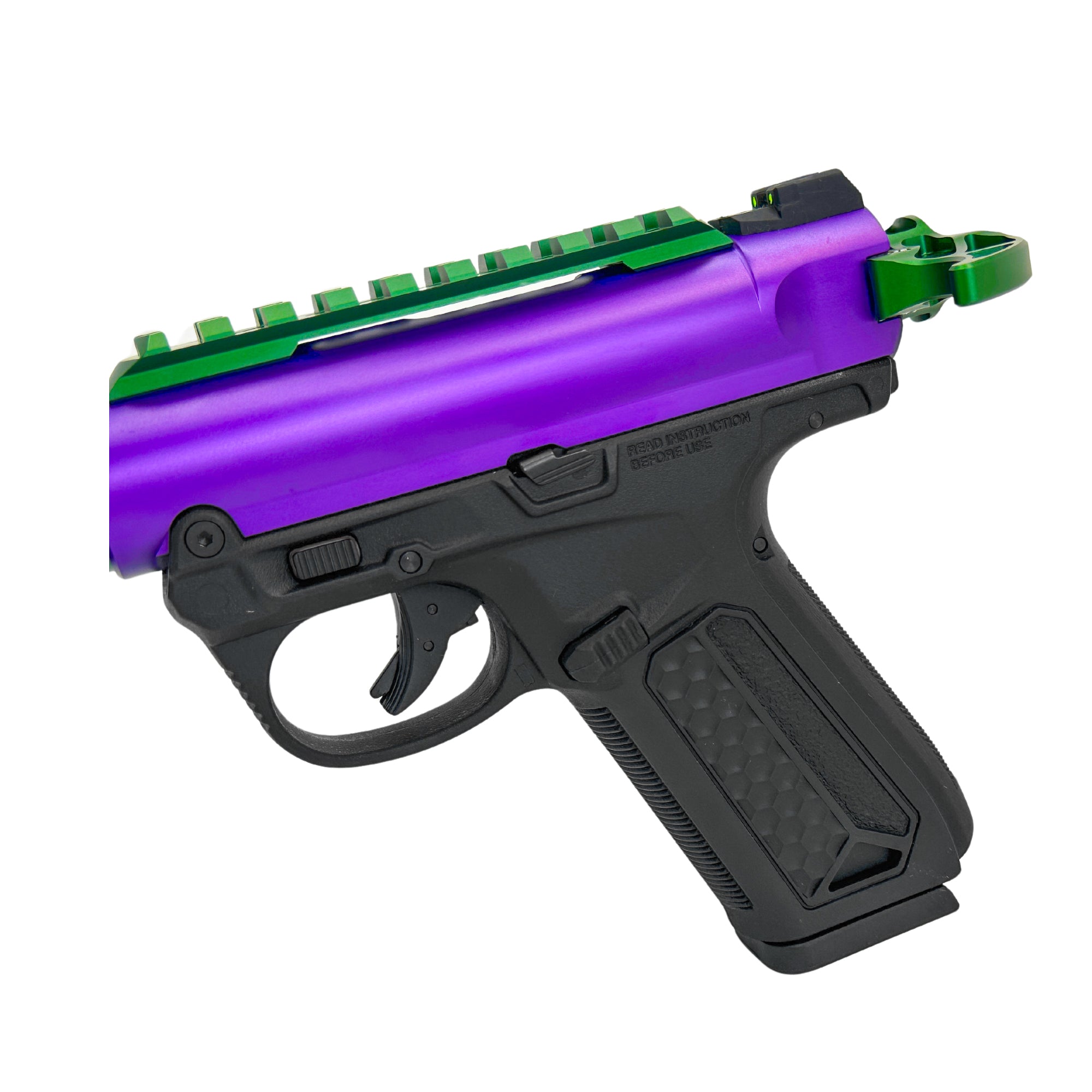 "Joker AAP01" Competition Custom AAP01 - Gel Blaster (Metal) - Specifications Full Aluminium Upper Construction Aluminium Skeleton Outer Barrel CTM TAC Aluminium Top Rail CTM TAC Aluminium Upper Body Extreme Blowback Power Metal Blow-Back Unit GBU Custom 150% Snappy Boi Spring Saint Aluminium Suppressor Green gas Magazine GBU 180% Nozzle Spring Aluminium Inner Barrel with Integrated Hop-Up Realistic Trigger Safety System Ergonomic Pistol Grip for Stability Fire Power This pistol shoots 315+ Feet Per Second