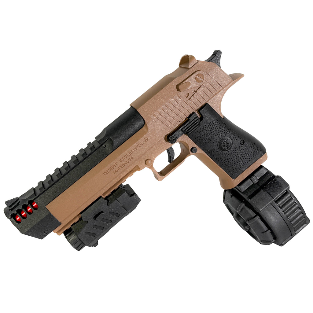 Desert Eagle Drum Mag Electric Blow Back Pistol - Gel Blaster - Rapid-fire blasting up to 20 metres Includes both Drum Mag and Standard Magazine Premium nylon construction for long-lasting strength Fires up to 20 rounds per second for nonstop action A high-quality, high-speed blaster that takes your backyard battles to the next level!