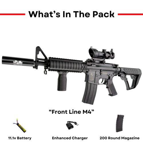 "Front Line M4" GBU Custom - Gel Blaster - The Front Line M4 delivers with a full Daniel Defence tactical kit, metal ACOG red dot sight, and laser-accurate shooting.
