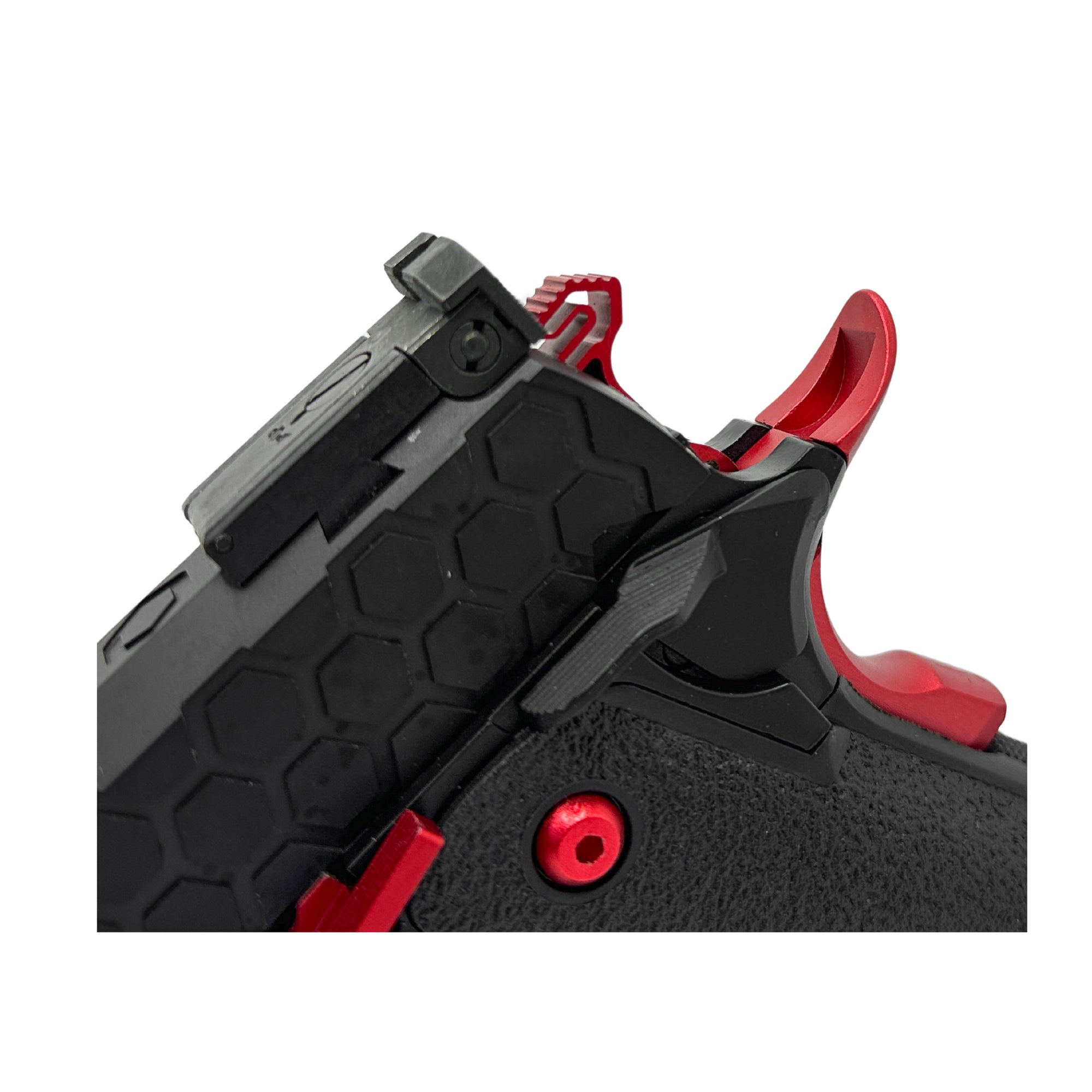 "Blood Hunter" 5.1 Competition Custom Hi-Capa - Gel Blaster (Metal) - Key Features "Blood Hunter" Custom Pistol - Solid shooting power and realistic functionality - Aluminium Construction for lightweight competition gameplay - 25+ Meters shooting distance - Enhanced Performance with GBU custom modifications for the ultimate experience.