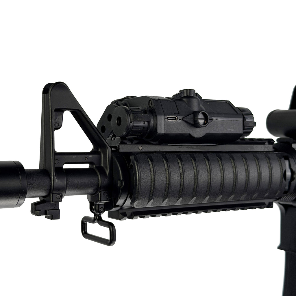 "Takedown Elite" Double Bell GBU Custom - Gel Blaster (Black) - Fitted with rugged tactical attachments adjustable stock, metal fore grip, suppressor, full length top rail and metal Holographic Sight its built for rapid target acquisition and aggressive play.