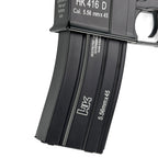 HK416 Tactical Stage 2 GBU Custom  Gel Blaster - Blaster Features Alloy 7.4mm Inner Barrel GBU Custom Predator Hop-Up Honey Comb Suppressor 11.1v Performance Battery 10" Quad Rail Hand Guard CTR Nylon Buttstock 552 Holographic HK416 Style Polymer Pistol Grip SLR Outer Barrel Metal V2 Trigger Green O ring M110 SHS Upgraded Spring Firing Power 300+ Feet Per Second (FPS) Package Includes 1 x "HK416 Tactical" Custom Blaster1 x 11.1v Battery1 x USB Enhanced Charger1 x Double Bell M4 Magazine