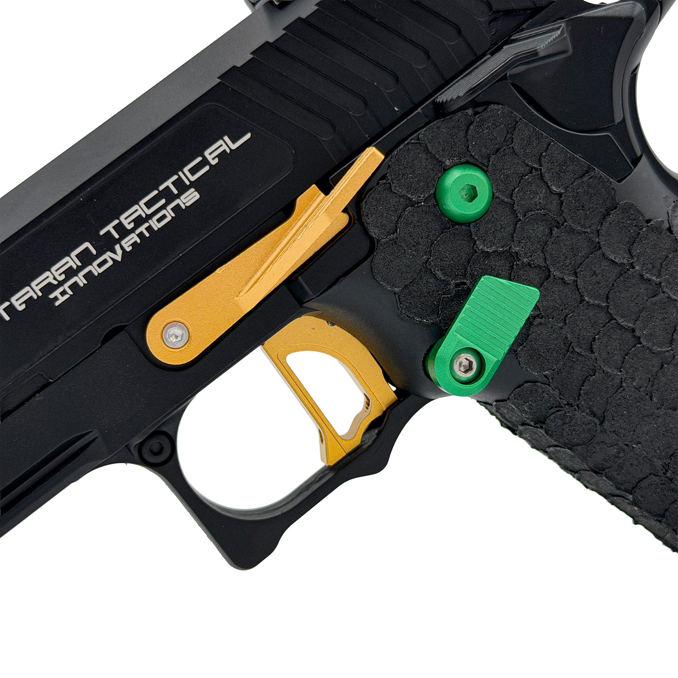 Emerald Reaper Tactical Hi Capa GBU Custom  Gel Blaster - Tuned for fast cycling, crisp recoil and lightning quick reloads, this custom sidearm delivers smooth control, sharp response and standout performance on the field.