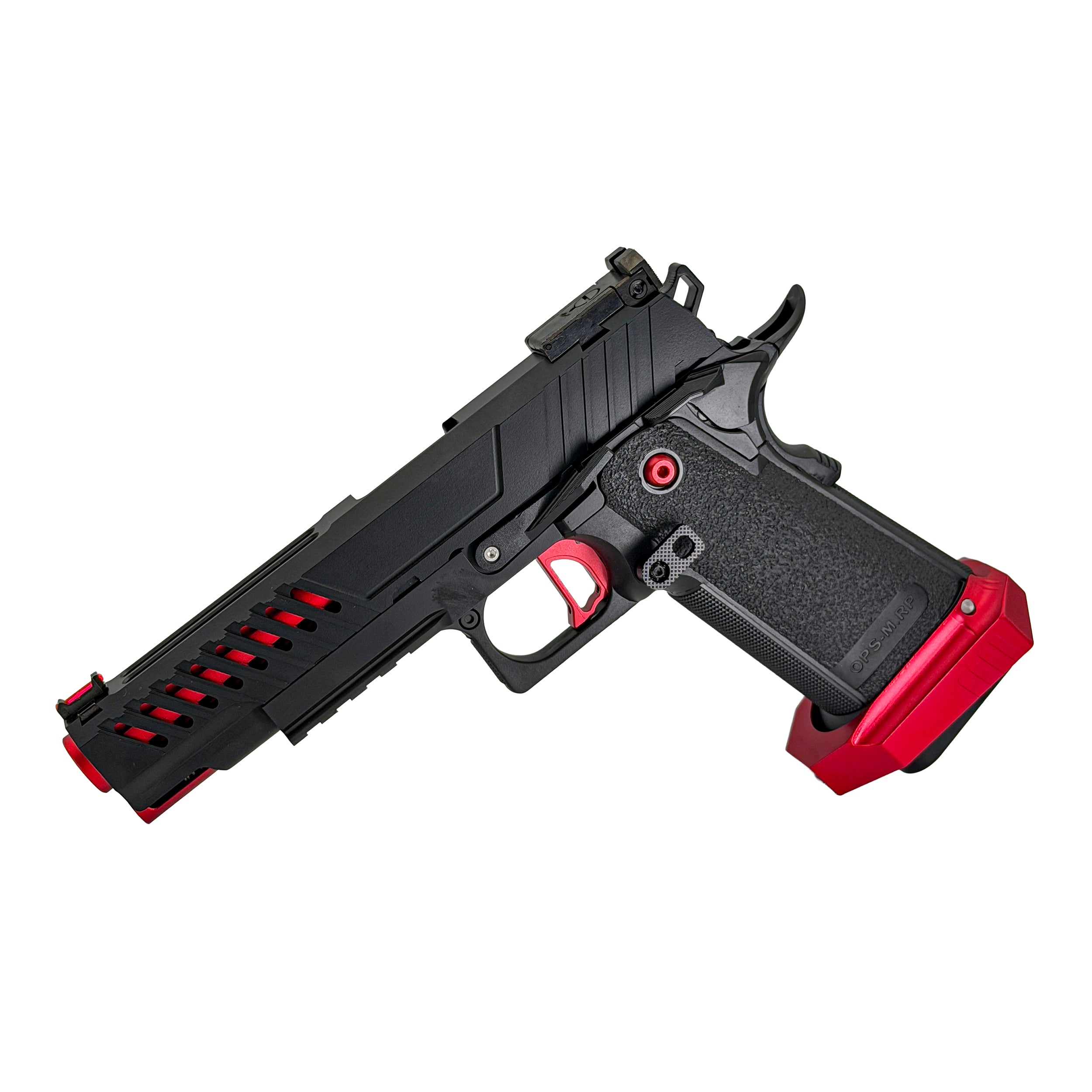 Vanguard Leader Hi Capa GBU Custom  Gel Blaster - Vanguard Leader Hi Capa GBU Custom  Gel Blaster pairs a stealth matte black finish with aggressive crimson accents for a sharp race pistol look.