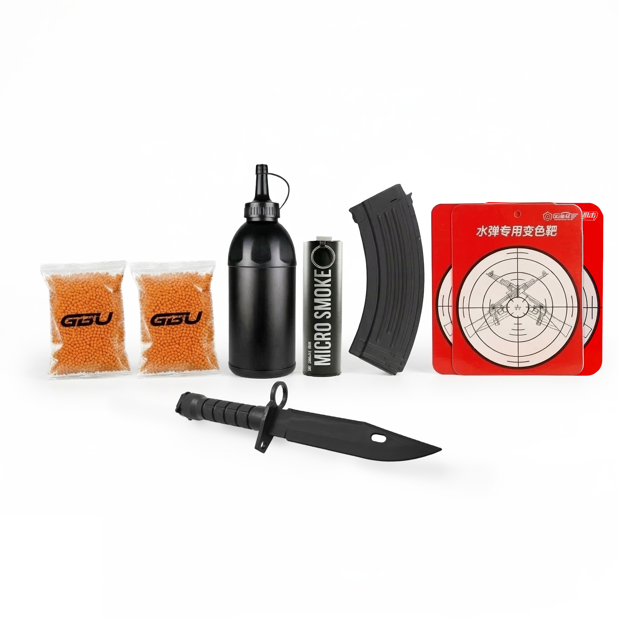 AK 47 TACTICAL BUNDLE - x3 Re-use Target Paper Targetx1 Speed Loader Bottlex1 WASN M9 Melee Dagger/ Bayonetx2 White milky Gelsx1 CYMA AK Nylon Magazine