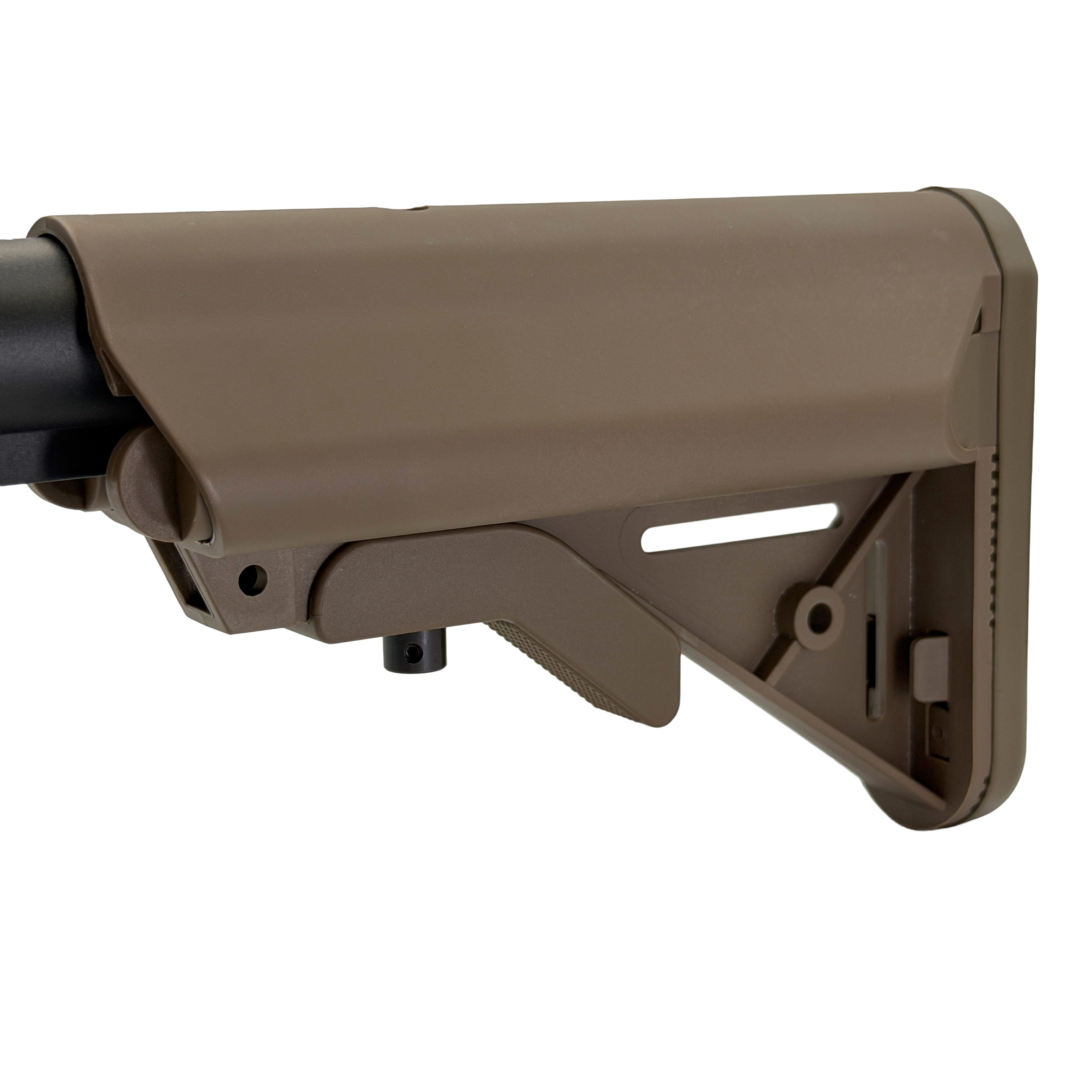 MK18 Stock - front view - MK18 style adjustable buttstock offering a streamlined profile, lightweight feel and secure fit for enhanced comfort and stability on your gel blaster build.