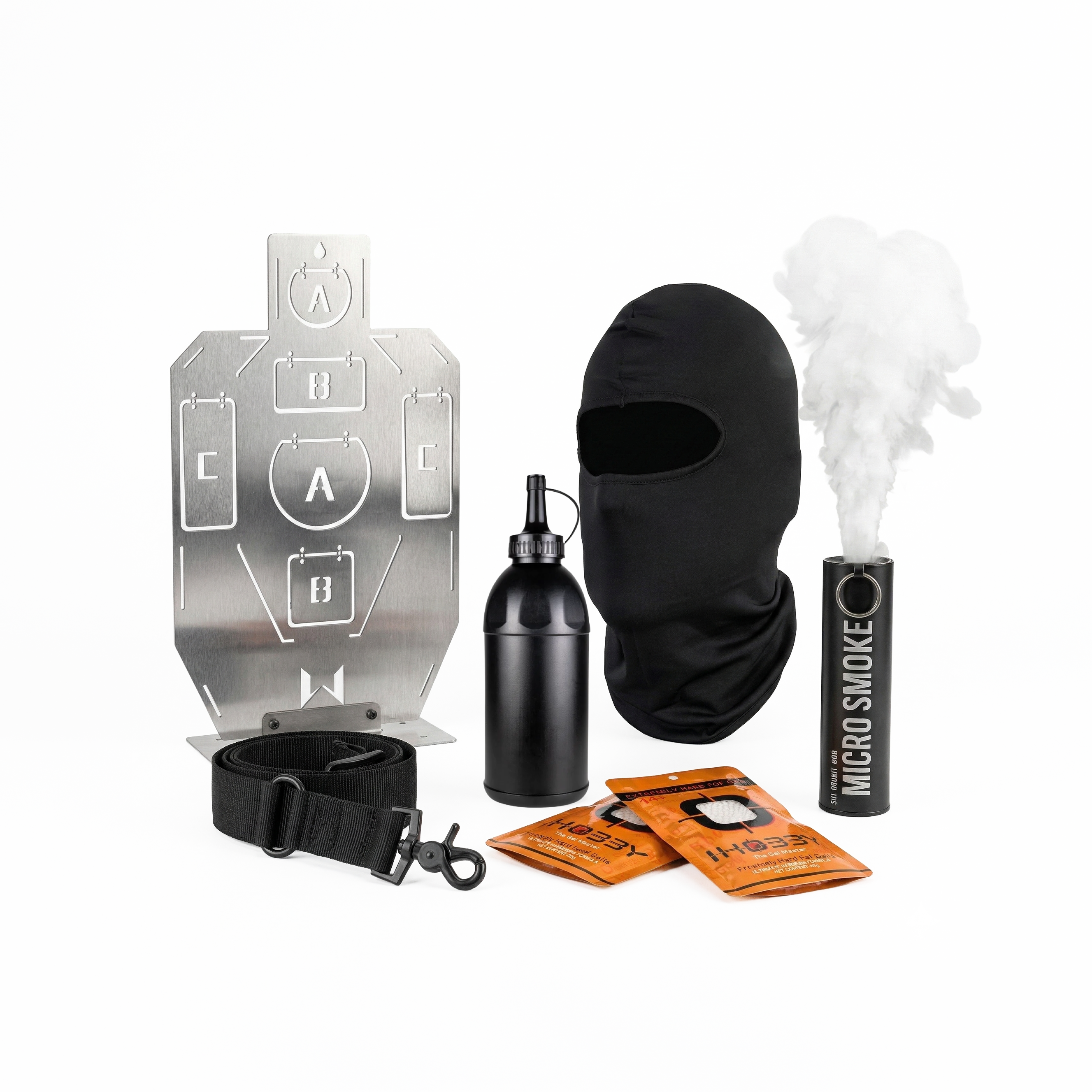 Eagle Eye Sniper Kit - 2 x Packs Extreme hard Gels1 x Balaklava1 x Speed Loader1 x Smoke Grenade1 x Metal Silhouette Target1 x Gun Sling