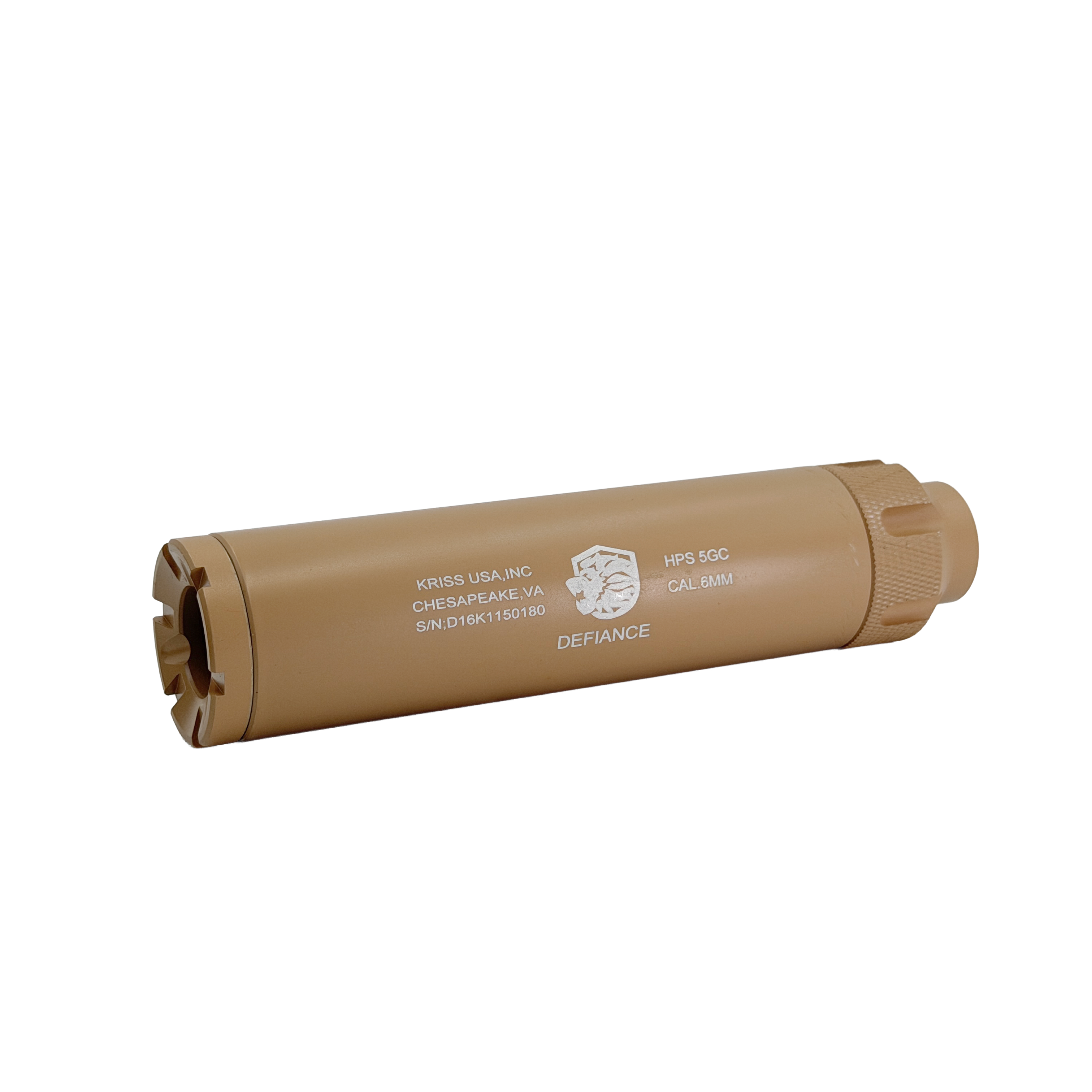 Defiance Suppressor - front view - Defiance 14mm reverse thread suppressor designed to enhance your builds tactical aesthetic while providing subtle sound dampening for gel blasters.