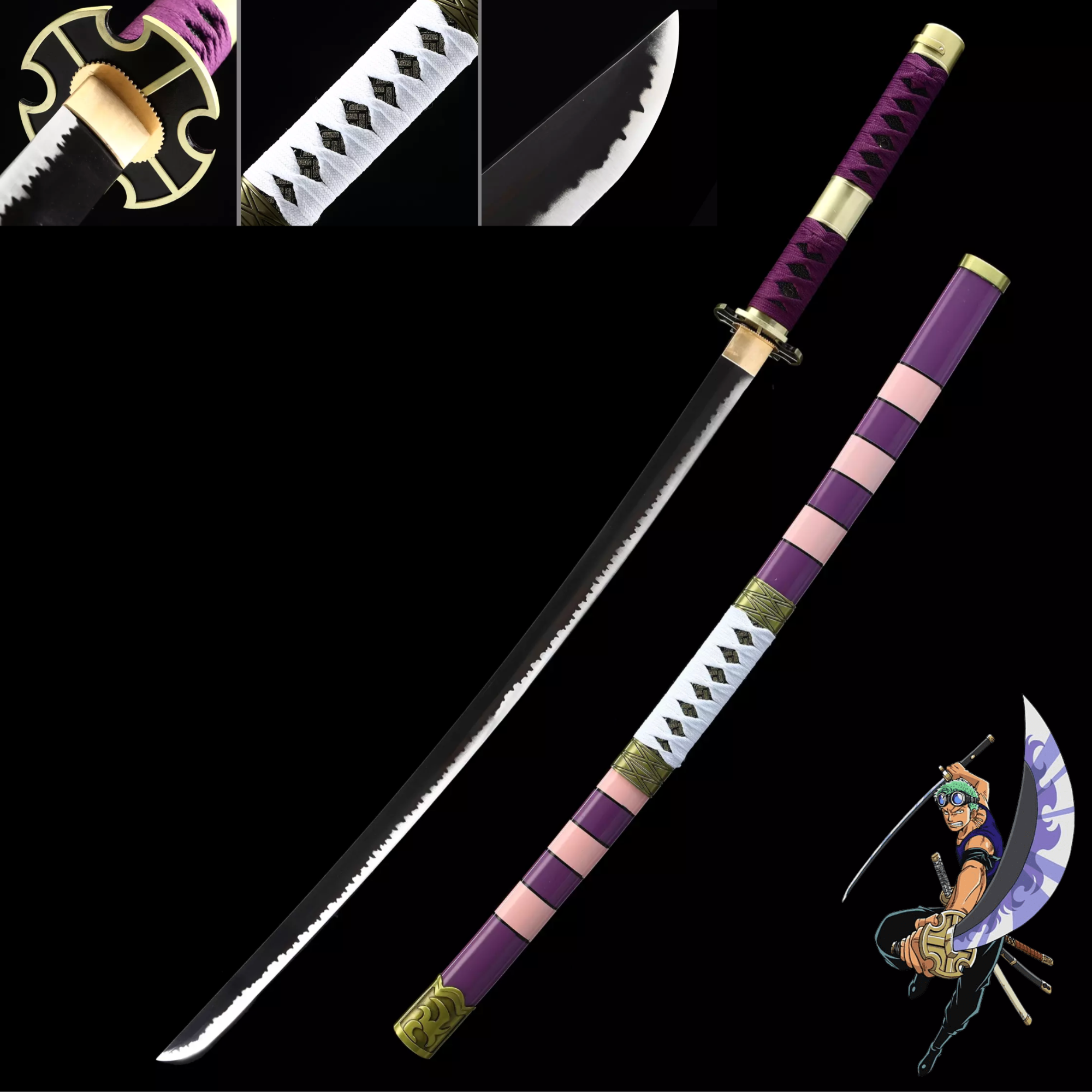 One Piece "Roronoa Zoro" Sandai Kitetsu Sword (Purple Version) - With a rustic finish, this sword is a nice collectors item for any anime fan and collector.