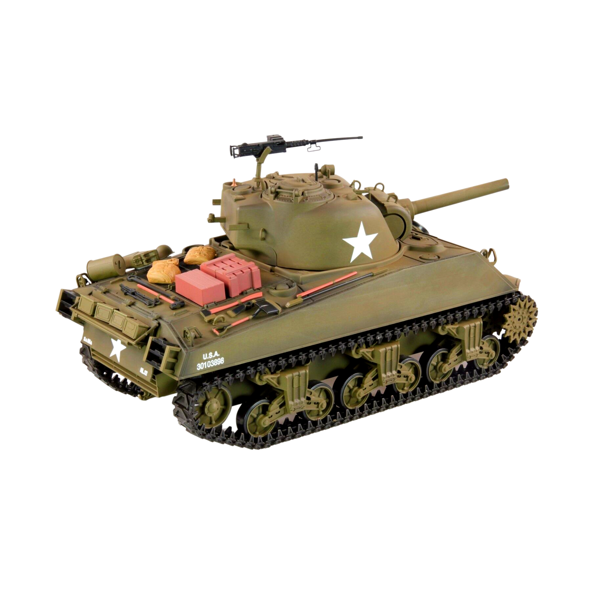 Sherman USA M4A3 RC Tank 2.4Ghz 1/16 (3898-1PRO) - Featuring smoke simulation, real engine & Shooting sound effects and fully accessible controls to allow you to dominate the terrain you are driving on.With a full customised kit to allow you to make this tank look exactly the way you want its the ultimate toy for battle!