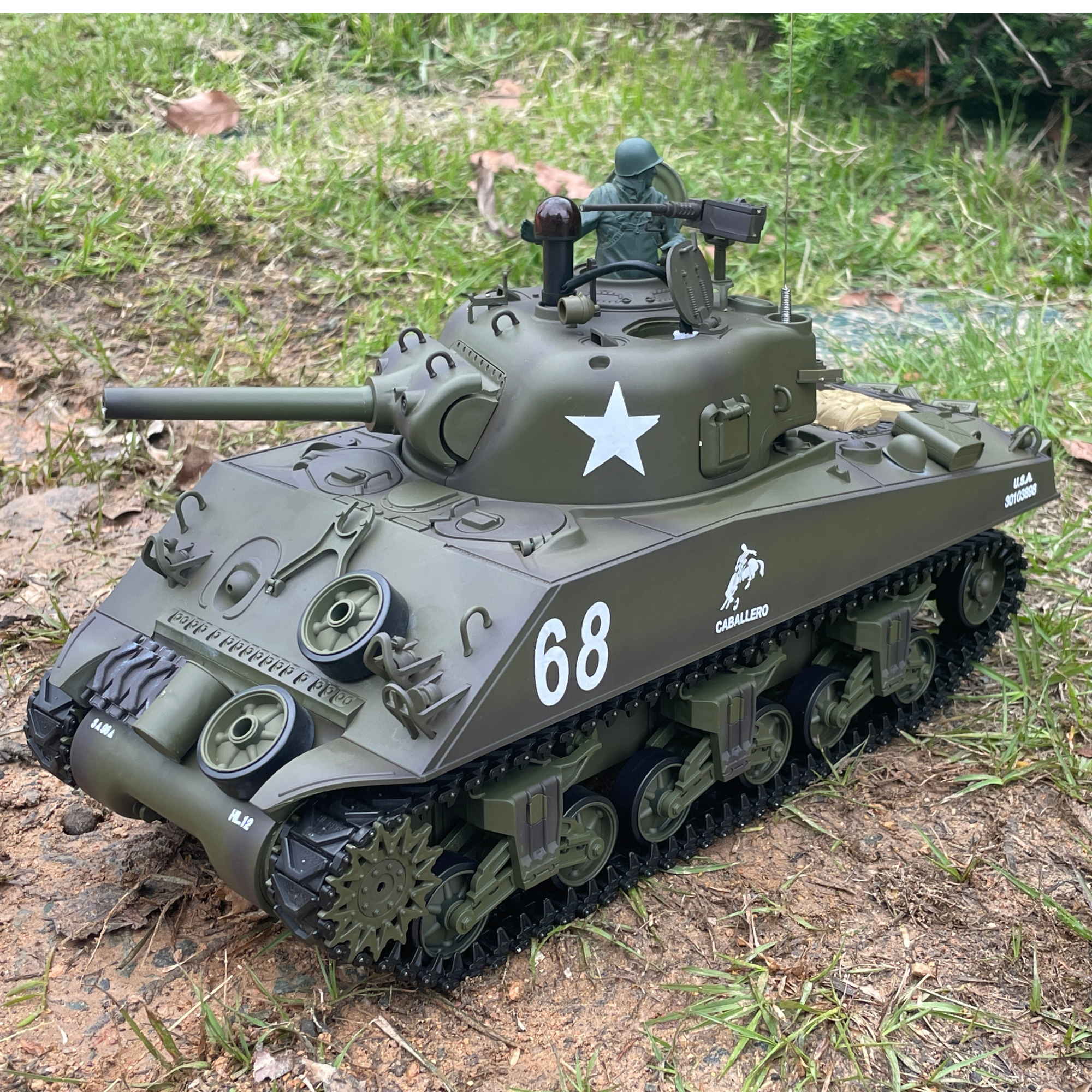 Sherman USA M4A3 RC Tank 2.4Ghz 1/16 (3898-1PRO) - The M4A3 is a beautifully crafted RC tank built for robust and rough terrain with a shooting distance of 25+ Meters at a solid velocity.